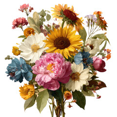 A vibrant watercolor painting of a diverse floral arrangement, bursting with color and texture, on a black backdrop