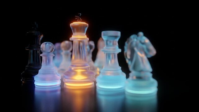 Glowing chess pieces on black background for strategy and planning