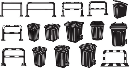 Collection of trash cans and barriers in black and white