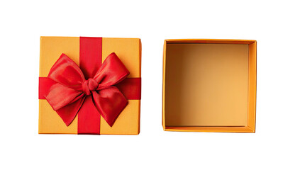 Top-down view of open gift box with red bow and ribbon against a black background