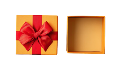 Top-down view of open gift box with red bow and ribbon against a black background