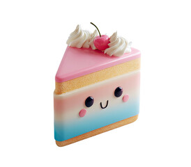 Cute slice of cake, with pink, blue, and white layers, topped with whipped cream and cherries