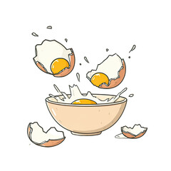 Cartoon illustration of eggs breaking into a bowl with yolk and whites splashing