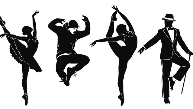 Silhouettes of four dancers in various poses on a white background