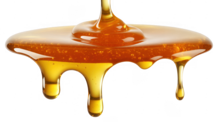 Golden honey dripping from a spoon on black syrup liquid isolated on a transparent background