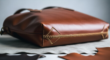 Detailed shot of luxury brown leather goods corner, showcasing intricate handmade saddle stitching and premium material texture for fashion, design, and artisan themes