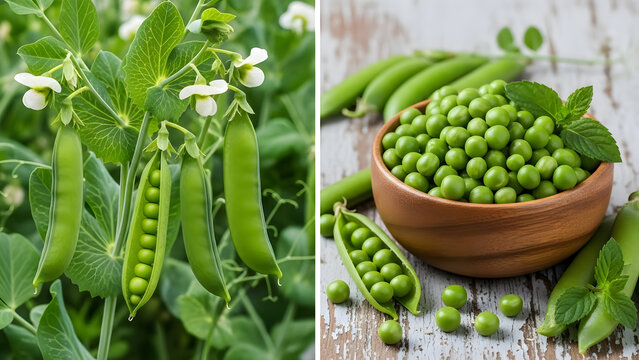 Fresh green peas growing on a vine with white flowers and harvested peas in a wooden bowl on a rustic surface