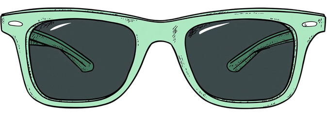 Illustration of a pair of cool mint green sunglasses with dark lenses.  Hand-drawn style