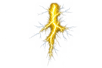 Yellow lightning bolt striking or electrical discharge on transparent background representing power and energy concept