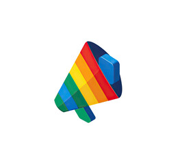 A 3D rendered megaphone with rainbow stripes over a solid black background
