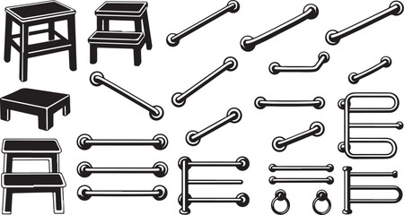 Collection of various towel rails and stool illustrations