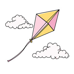 A colorful kite soars, set against a dark background, framed by fluffy white clouds