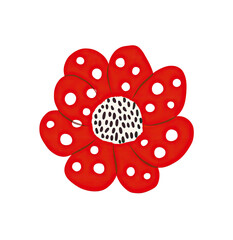 A vibrant, stylized red flower with black dots and a white and black center