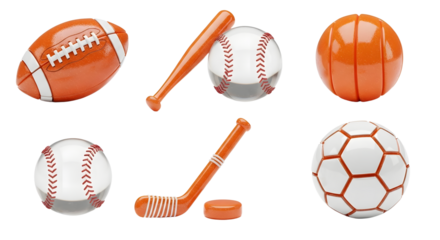 Set of six realistic orange sports balls and equipment icons including football, baseball, basketball, hockey stick with puck, and soccer ball, perfect for sports-related projects