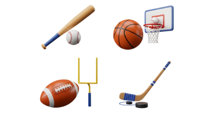 Sports equipment set with baseball bat, ball, basketball, hoop, football, tennis racket, hockey stick and puck on white background, perfect for sports presentations