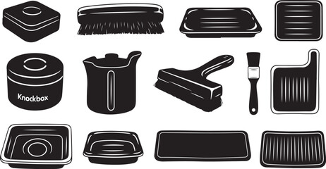 Black and white illustration of various kitchen utensils tools