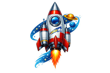 Cartoon rocket flying through space, exploring planets, stars, and universe, launching with bright flames, transparent background