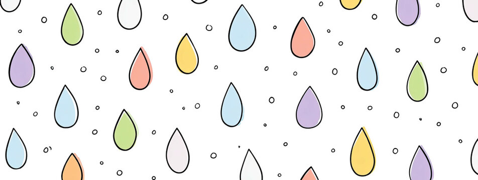 A black background is filled with various colorful raindrops in soft pastel shades, falling randomly