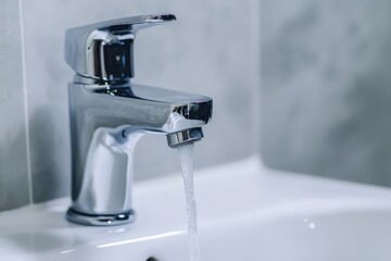 Modern chrome faucet releasing clean, clear water into a white ceramic sink, showing plumbing and hygiene concepts
