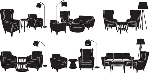 Various black furniture sets with lamps on white background