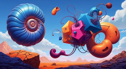 Surreal Digital Dreamscape: Vibrant Floating Geometric & Organic Forms in an Abstract Fantasy Landscape