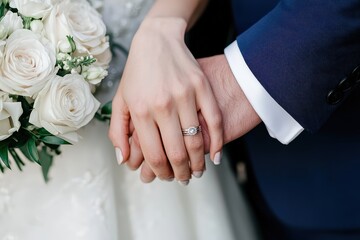 Bride and groom holding hands during wedding ceremony, symbolizing love, commitment, and partnership with engagement rings