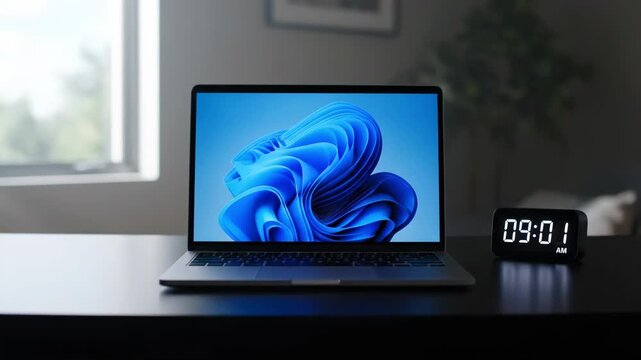 Laptop with Windows 11 Wallpaper and Digital Clock Display - Modern Tech Workspace Setup for Productivity and Online Tasks