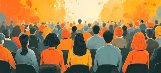 crowd seated facing bright light