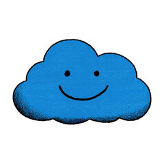 A cartoon-style illustration shows a smiling blue cloud against a stark black background