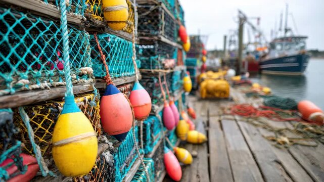 Colorful buoys hang alongside lobster traps at a bustling harbor, capturing the essence of the fishing industry