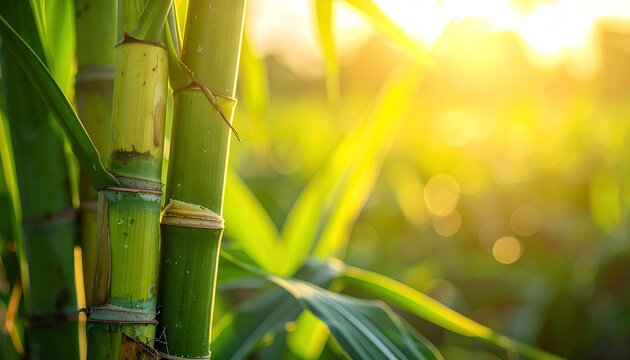 Sunlit green sugarcane field growth, healthy stalks thriving under golden sunlight, concept of agriculture, organic farming, rural landscape, and natural energy.