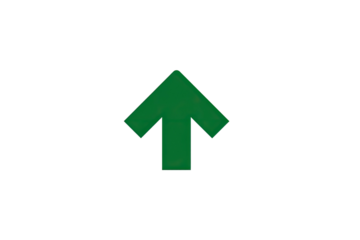 A vibrant green arrow pointing upwards, set against a stark, solid black background