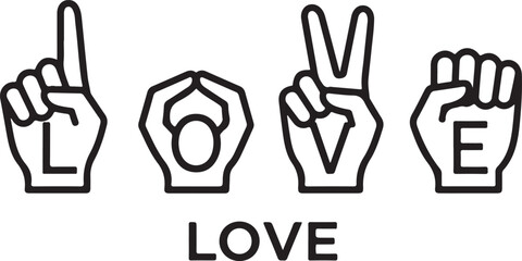 Fototapeta premium Sign Language LOVE Black and white graphic illustration featuring hand gestures spelling 'LOVE' with overlaid letters, representing affection and peace