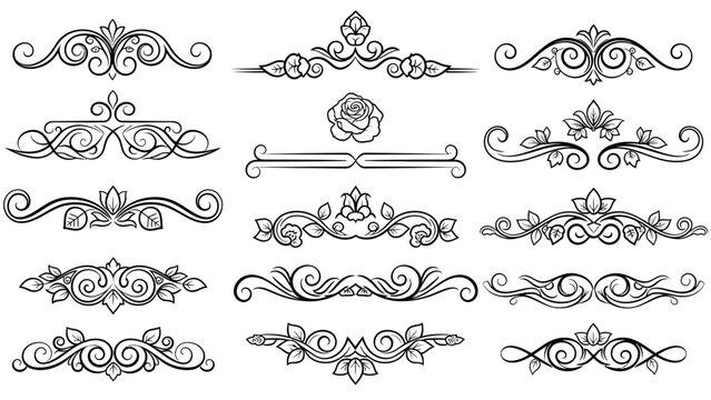 Collection of 15 intricate black floral and scroll ornamental dividers with roses and leaves