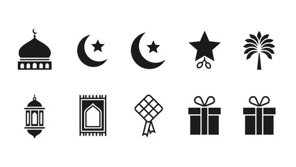 Collection of black Islamic-themed icons including mosque, crescent moons, stars, lanterns, and gifts
