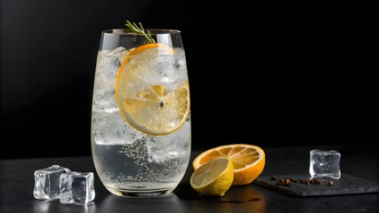A glass of water with a lemon wedge and a lemon slice on the side.