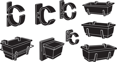 Black metal bathtub holders and brackets in various positions