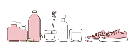 A collection of everyday items toiletries, a toothbrush, and a pair of pink sneakers