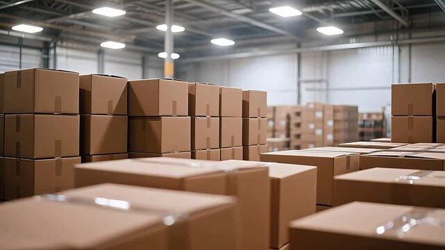 Warehouse filled with stacked cardboard boxes