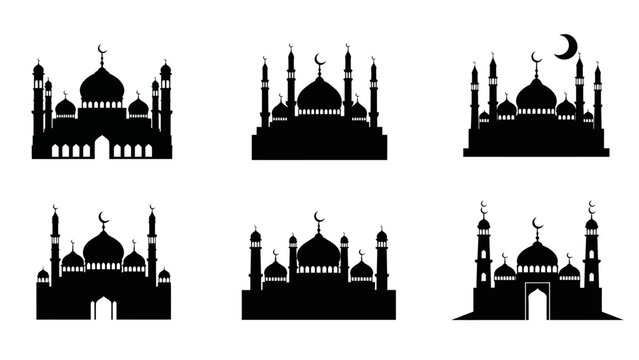 Six black silhouette representations of mosques with domes, minarets, arches, and crescent moons, arranged in two rows against a white background