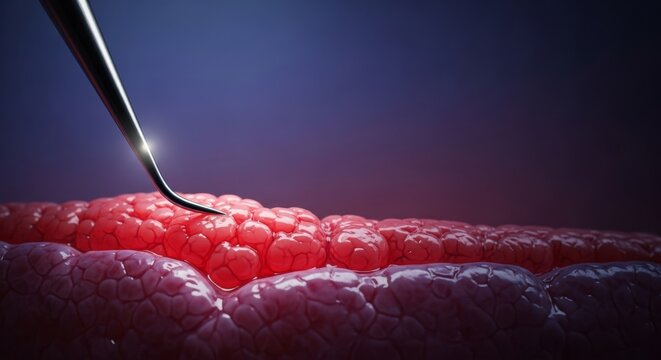 Detailed macroscopic view showing the precise contact of a specialized metallic instrument against delicate, moist anatomical tissue structures, organic, metallic, living