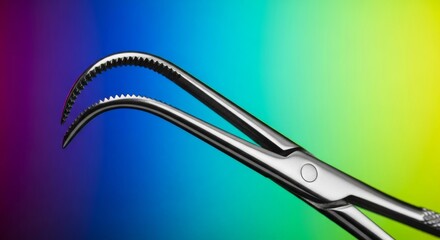 Close up macro shot of a shiny silver curved surgical grasper instrument used for delicate, complex medical procedures, examination, complex, dentistry