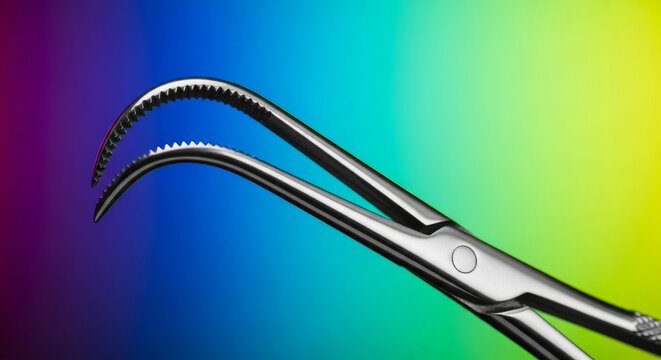 Close up macro shot of a shiny silver curved surgical grasper instrument used for delicate, complex medical procedures, examination, complex, dentistry