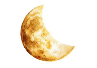 Crescent moon illuminated with golden hues, watercolor texture on black backdrop