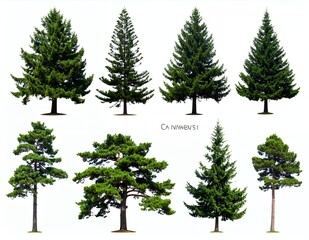 Fototapeta premium Collection of Diverse Evergreen Trees Isolated on White Background.
