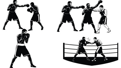 A black and white illustration of boxers in various fighting positions and movements