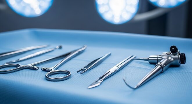 Close-up view of specialized instruments arranged on a sterile drape, showcasing precision engineering in a modern surgical setting, preparation, metal, healthcare