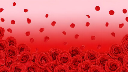 Obraz premium A vibrant display of red roses and falling petals creates a romantic backdrop with a soft pink to red gradient fading upwards
