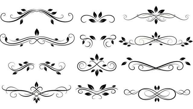 Collection of elegant black ornamental dividers with floral and swirled designs