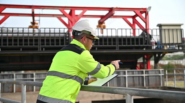 A specialist engineer is inspecting for defects in the wastewater treatment system.